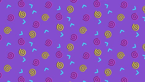 Animation-of-moving-pink-and-yellow-spirals-with-blue-arrow-heads-on-purple-background