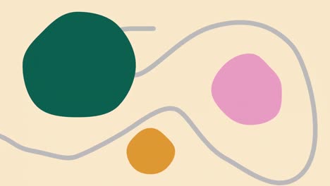 Animation-of-green,-brown-and-pink-blobs-with-grey-line-moving-on-beige-background