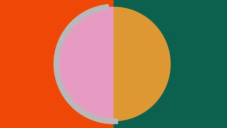Animation-of-pink-and-yellow-circle-and-grey-ring-moving-across-orange-and-green-background