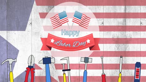Animación-Del-Texto-Del-Feliz-Día-Del-Trabajo-Sobre-Herramientas-Y-Bandera-Americana