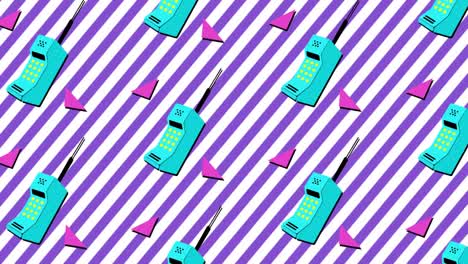 Animation-of-retro-mobile-phone-with-pink-triangles-moving-on-purple-and-white-stripes