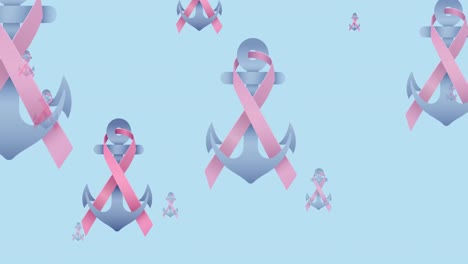 Animation-of-multiple-pink-ribbon-anchor-logo-flying-on-blue-background