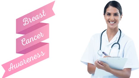 Animation-of-pink-breast-cancer-text-over-smiling-female-doctor