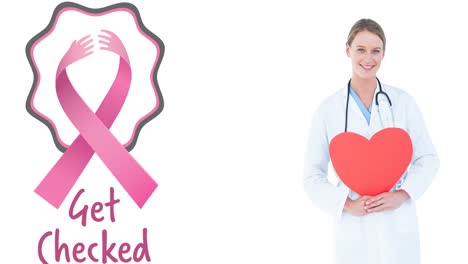 Animation-of-pink-breast-cancer-ribbon-logo-with-get-checked-text-over-smiling-female-doctor