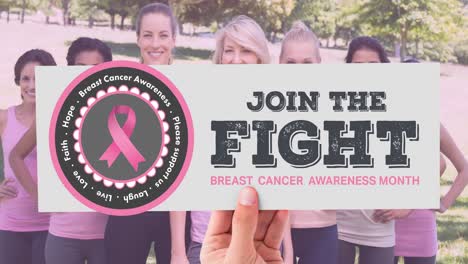 Animation-of-pink-ribbon-logo-with-breast-cancer-text-over-diverse-group-of-smiling-women