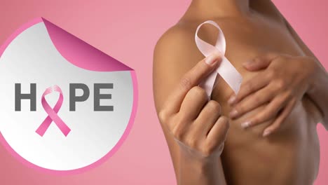 Animation-of-pink-ribbon-logo-with-hope-text-over-women-covering-the-breast
