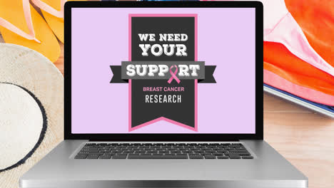 Animation-of-pink-ribbon-logo-and-breast-cancer-text-on-laptop-screen