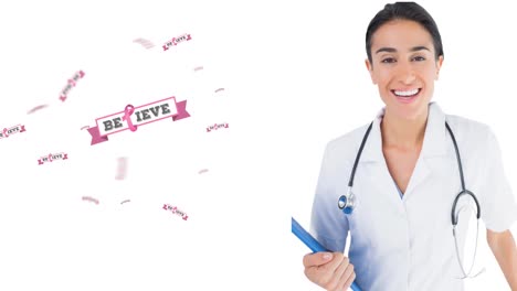 Animation-Eines-Rosafarbenen-Brustkrebsband-Logos-Mit-Glaubenstext-über-Einer-Lächelnden-Ärztin