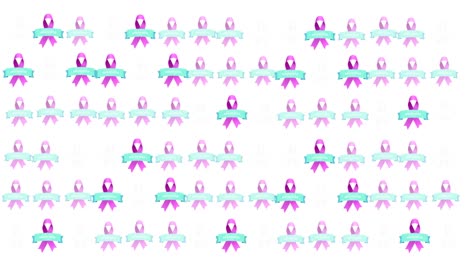 Animation-Mehrerer-Rosafarbener-Schleifenlogos-Und-Leuchtender-Brustkrebstexte-Auf-Weißem-Hintergrund
