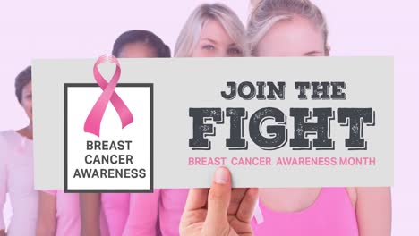 Animation-of-pink-ribbon-logo-and-breast-cancer-text-over-group-of-diverse-group-of-women
