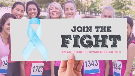 Animation-of-blue-ribbon-logo-with-breast-cancer-text-over-diverse-group-of-smiling-women