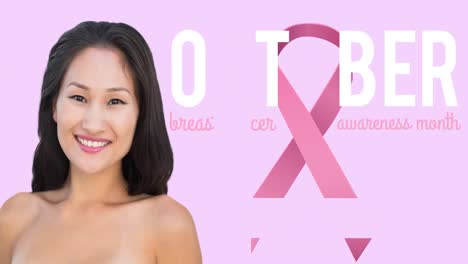 Animation-of-pink-ribbon-logo-with-breast-cancer-text-over-smiling-woman