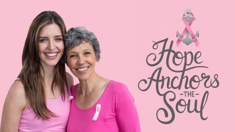 Animation-of-pink-ribbon-anchor-logo-with-breast-cancer-text-over-two-smiling-woman