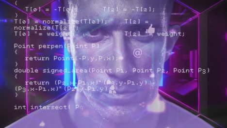 Animation-of-digital-interface-with-data-processing-over-man's-face