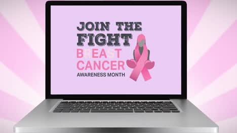 Animation-of-pink-ribbon-logo-and-breast-cancer-text-on-laptop-screen