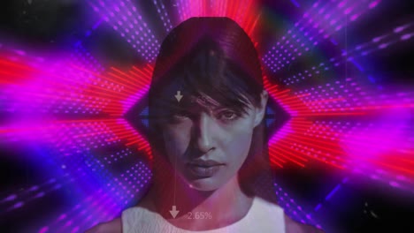 Animation-of-digital-interface-with-markers-over-caucasian-woman-face-with-neon-tunnel