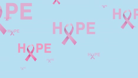 Animation-of-multiple-pink-ribbon-logo-and-hope-text-flying-on-blue-background