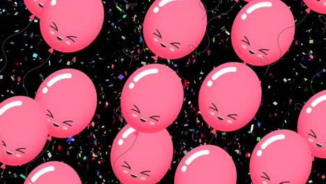 Animation-of-pink-balloons-flying-and-falling-confetti-over-black-background
