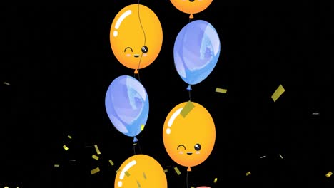Animation-of-colorful-balloons-flying-and-falling-confetti-over-black-background