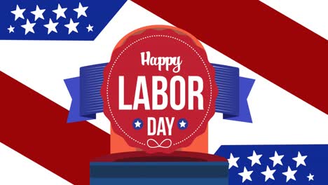 Animation-of-happy-labour-day-text-and-siren-light-over-red,-white-and-blue-american-flag-elements