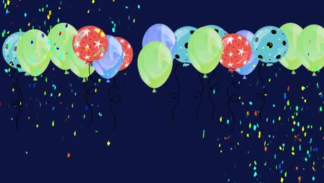 Animation-Von-Bunten-Luftballons,-Die-Fliegen-Und-Konfetti-Auf-Blauem-Hintergrund-Fallen