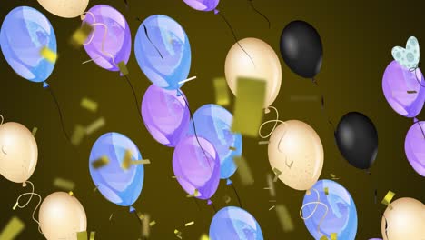 Animation-Von-Bunten-Luftballons,-Die-Fliegen-Und-Konfetti-Auf-Dunklem-Hintergrund-Fallen