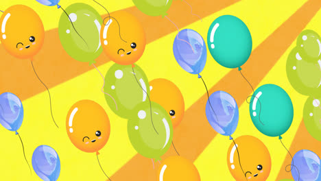 Animation-Von-Bunten-Luftballons,-Die-über-Gelben-Hintergrund-Fliegen