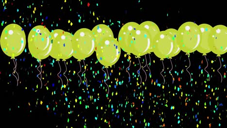 Animation-of-green-balloons-flying-and-falling-confetti-over-black-background