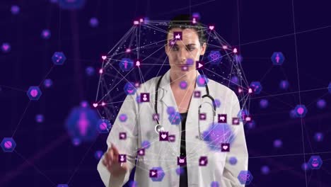 Animation-of-network-of-connections-over-female-doctor
