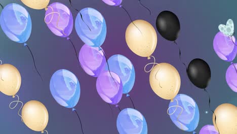 Animation-Von-Bunten-Luftballons,-Die-über-Dunkelblauen-Hintergrund-Fliegen