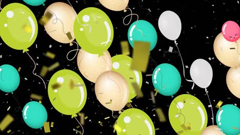 Animation-Bunter-Luftballons,-Die-Fliegen-Und-Konfetti-Auf-Schwarzem-Hintergrund-Fallen