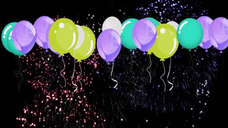 Animation-of-colorful-balloons-flying-and-falling-confetti-over-black-background