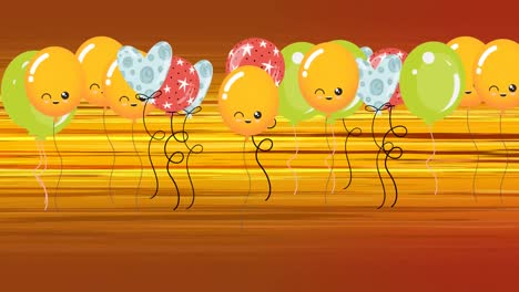 Animation-of-colorful-balloons-flying-over-orange-stripes-background