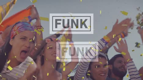 Animation-of-funk-text-over-clapping-and-jumping-people