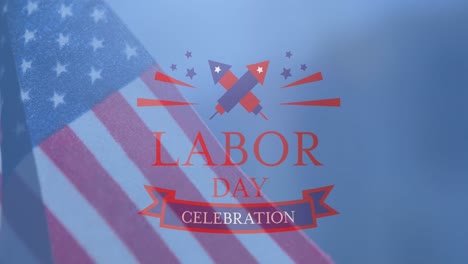 Animation-of-labour-day-celebration-text-with-fireworks-over-american-flag-on-blue