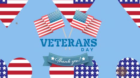 Animation-of-veterans-day-thank-you-text-with-american-flags-and-flag-hearts-on-blue,-then-white