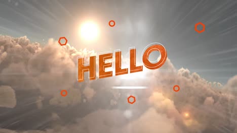 Animation-of-hello-text-over-cloudy-blue-sky