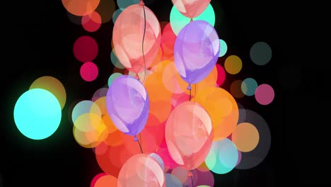 Animation-of-colorful-balloons-flying-over-lights-on-black-background