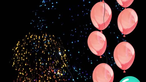 Animation-Von-Bunten-Luftballons,-Die-Feuerwerk-Auf-Schwarzem-Hintergrund-Fliegen