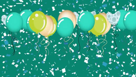 Animation-of-colorful-balloons-flying-and-falling-confetti-over-green-background