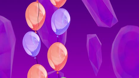 Animation-Von-Bunten-Luftballons,-Die-über-Violetten-Hintergrund-Fliegen