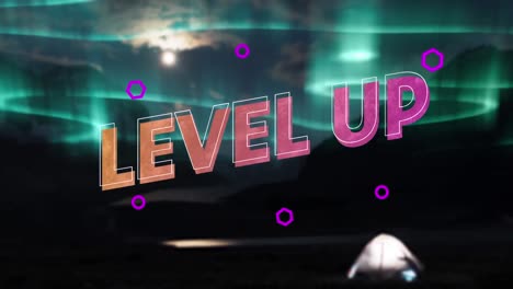 Animation-of-level-up-text-over-cloudy-night-sky-and-northern-lights