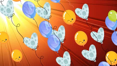 Animation-Von-Bunten-Luftballons,-Die-über-Die-Orangefarbene-Sonne-Fliegen