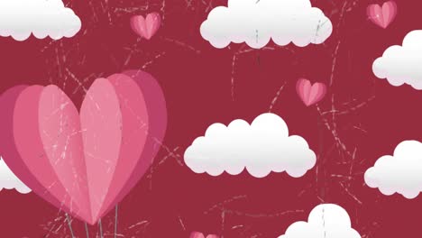 Animation-Von-Geschenken-Und-Herzen,-Die-über-Wolken-Auf-Rotem-Hintergrund-Fliegen
