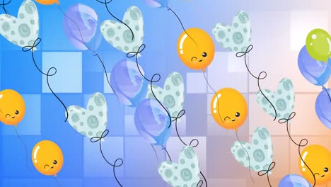 Animation-Von-Bunten-Luftballons,-Die-über-Blauen-Hintergrund-Fliegen