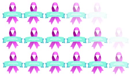 Animation-of-multiple-pink-ribbon-logo-and-breast-cancer-text-appearing-on-white-background