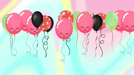 Animation-Von-Bunten-Luftballons,-Die-über-Bunten-Hintergrund-Fliegen