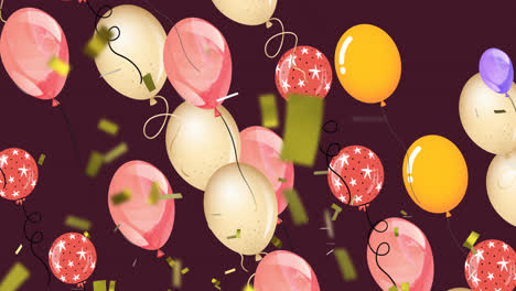 Animation-of-colorful-balloons-flying-and-falling-confetti-over-dark-background