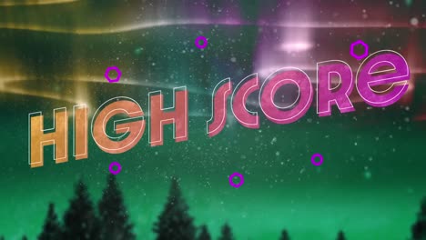 Animation-of-high-score-text-over-cloudy-night-sky-and-northern-lights