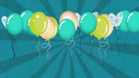 Animation-Von-Bunten-Luftballons,-Die-über-Blauen-Hintergrund-Fliegen